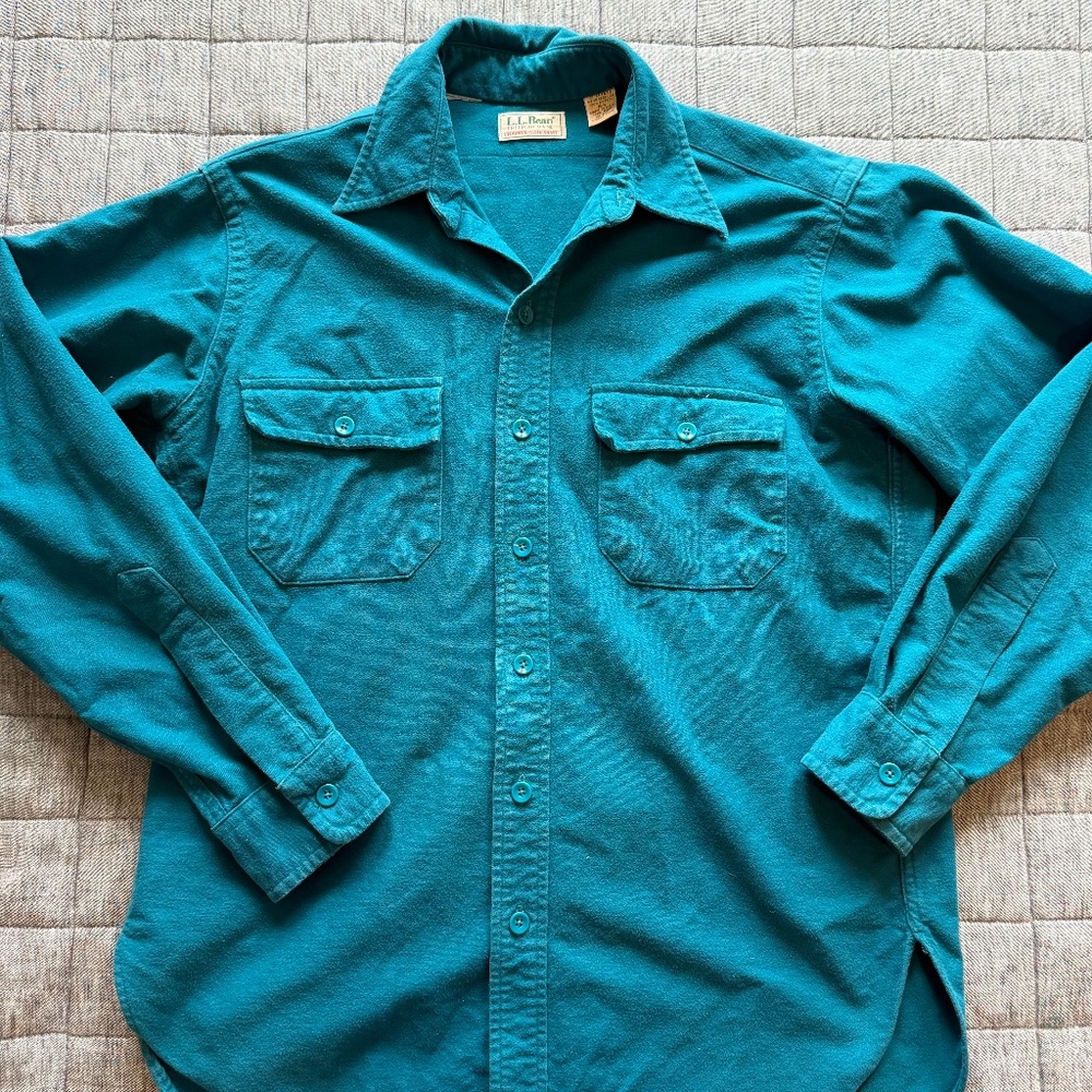 Vintage L.L. Bean Chamois Flannel Shirt - Teal - Made in USA - Men's 15.5